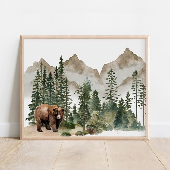Wildlife Art Watercolor Landscape Painting Rustic Cabin Decor Home Gift Nature Inspired Mountain Wilderness Forest Bear
