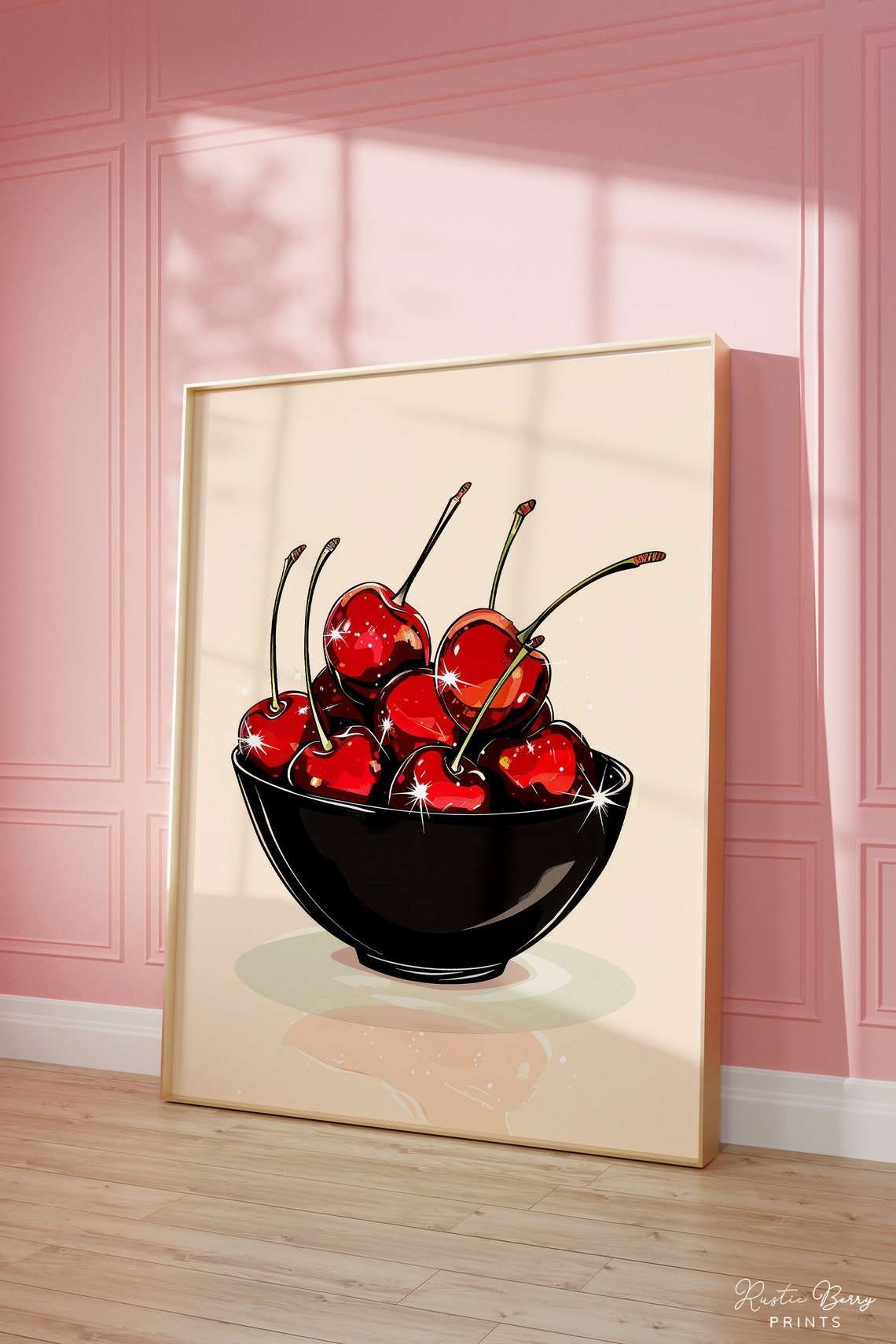 Red Cherries Black Bowl Sparkling Retro Fruit Kitchen Decor Poster