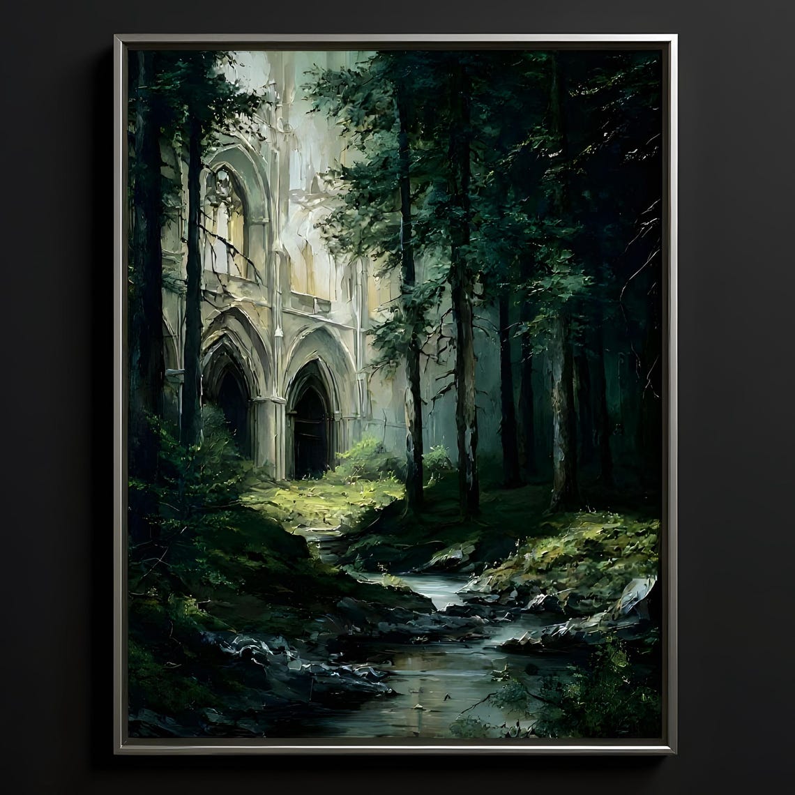 Gothic Abbey Ruins Overgrown Dark Forest Stream Fantasy Painting Poster