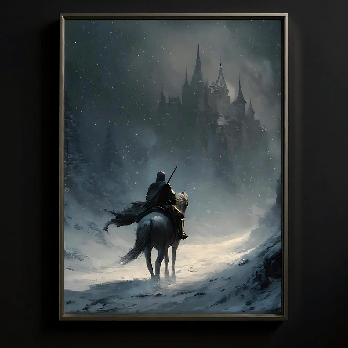 Dark Fantasy Knight Painting Gothic Castle Snow Scene Framed Art