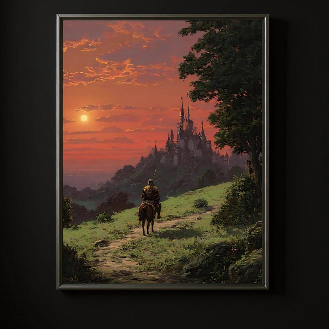 Knight Riding Horse Toward Castle Sunset Fantasy Oil Painting Poster
