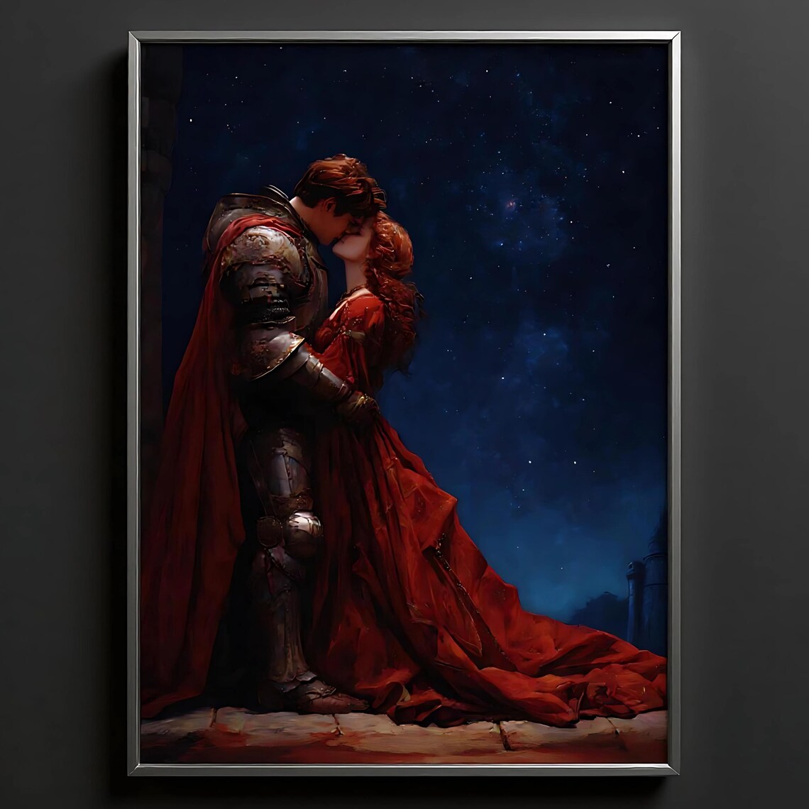 Armored Knight and Lady Starry Night Kiss Dark Romance Poster