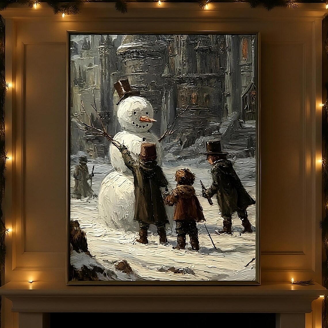 Victorian Children Building a Snowman on Snowy Street Art Poster