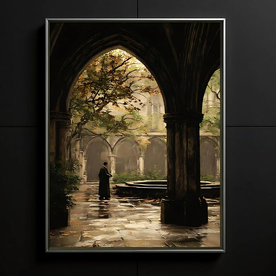 Dark Academia Castle Courtyard Oil Painting Moody Victorian Gothic Art