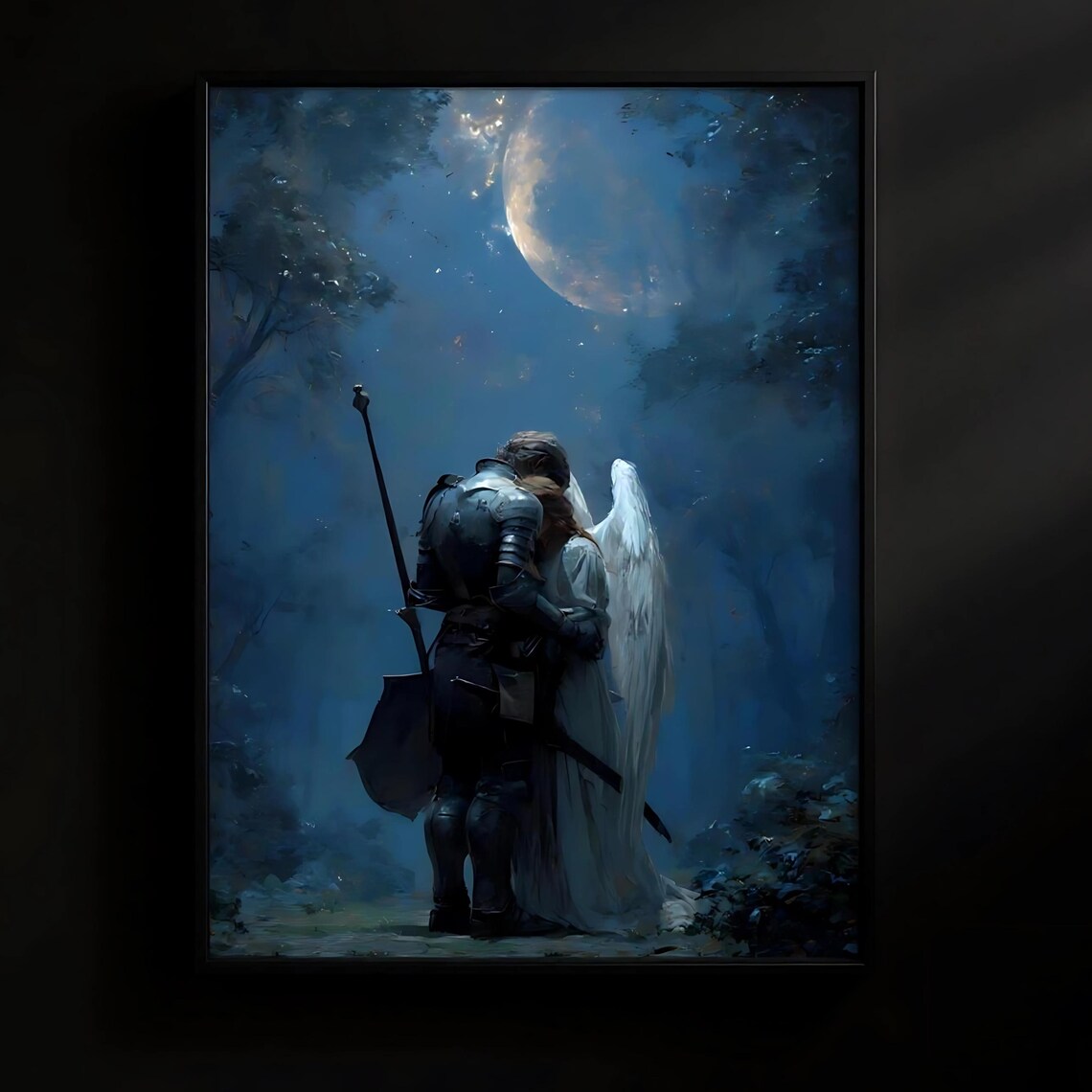Dark Fantasy Knight and Angel Moonlit Embrace Painting Poster