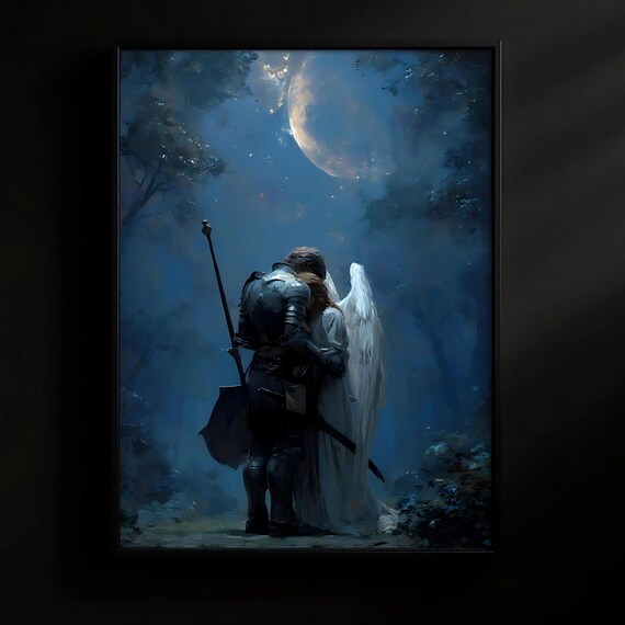 Dark Fantasy Knight and Angel Moonlit Embrace Painting Poster