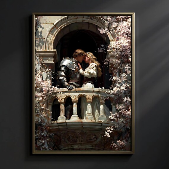 Knight in Armor Kissing Maiden on Blossom Covered Balcony Fantasy Poster