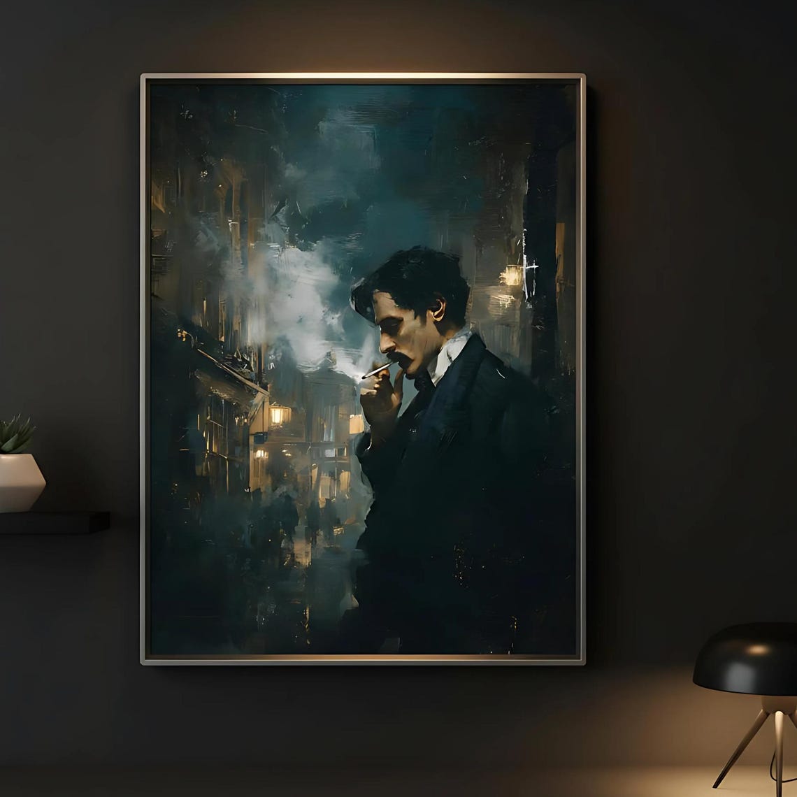 Dark Academia Victorian Man Night Street Oil Painting Wall Art