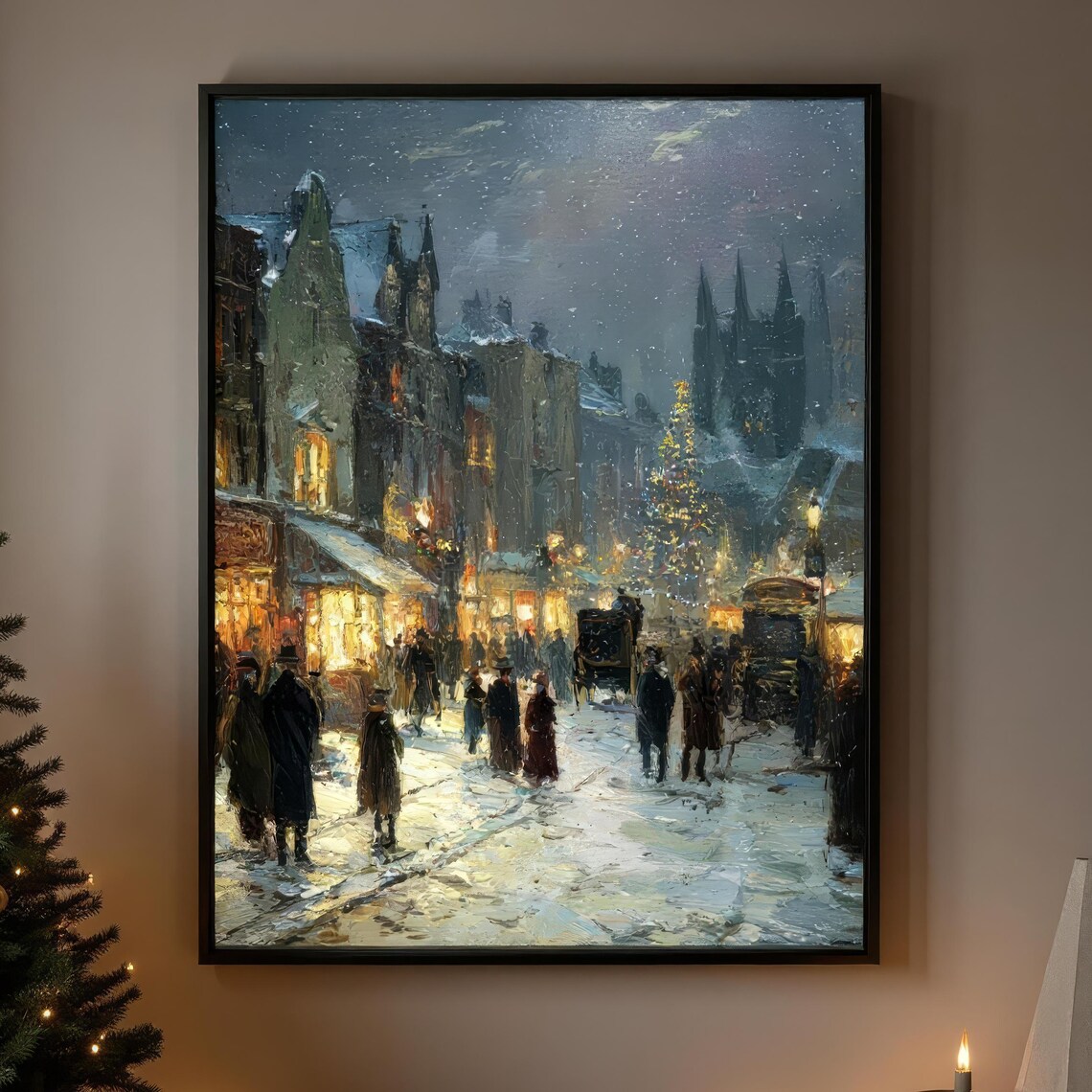 Victorian Christmas Eve Snowy Street Night Oil Painting Wall Art