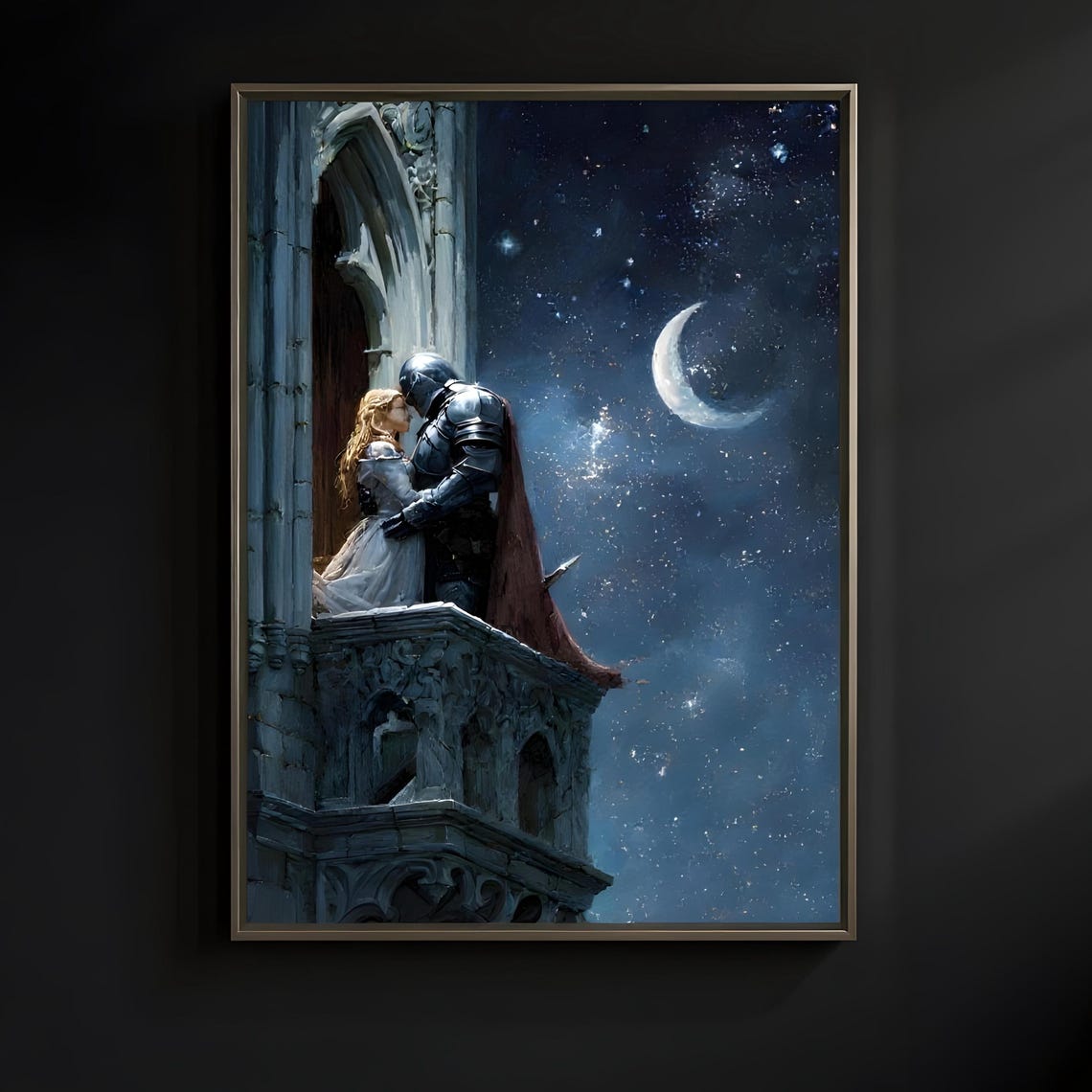 Knight and Princess Moonlit Balcony Kiss Gothic Romance Poster