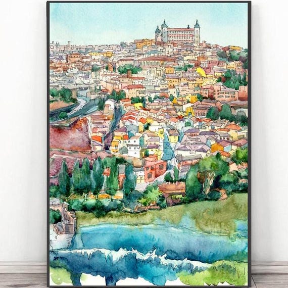 Toledo Spain Art Watercolor Painting Travel Poster European City Print