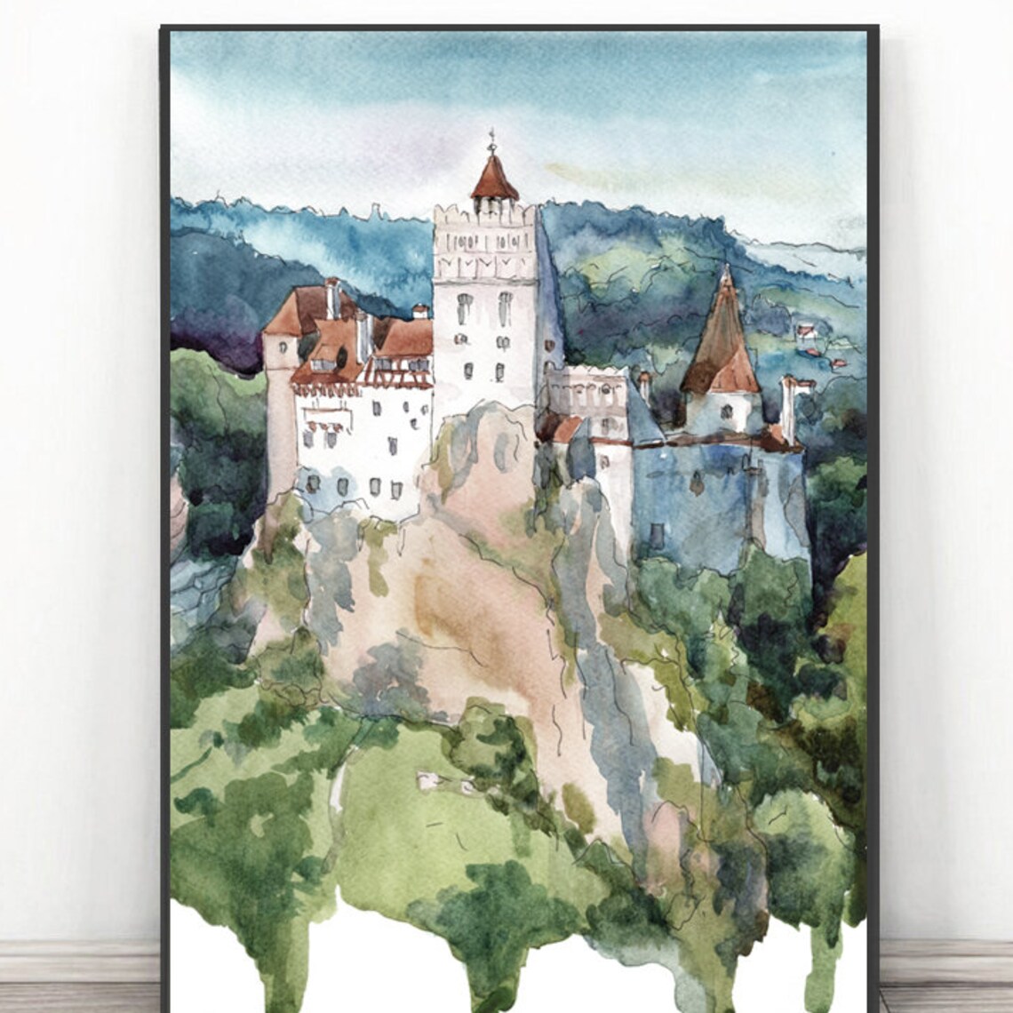 Bran Castle Watercolor Art Print, Dracula Romania