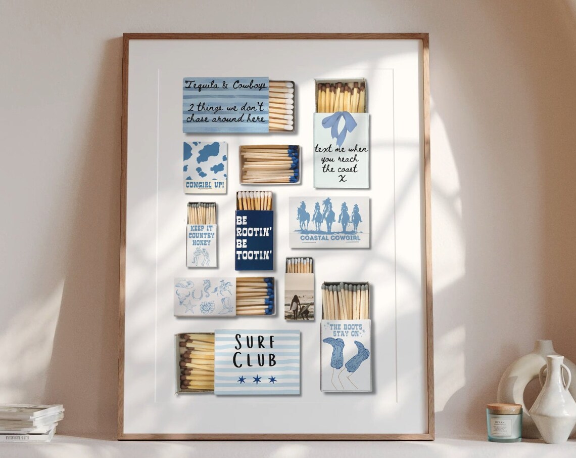 Blue Coastal Cowgirl Vintage Matchbox Collage Matches Decor Poster