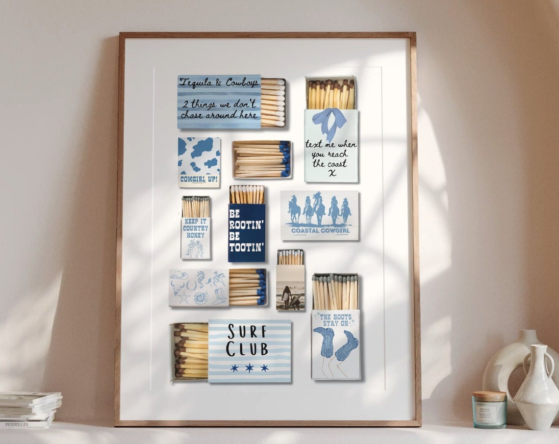 Coastal Cowgirl Vintage Matchbox Matches Print Coastal Blue Cowgirl Matchbook Retro Cowboy Western Wall Art Ranch House Decor
