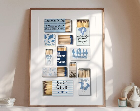 Blue Coastal Cowgirl Vintage Matchbox Collage Matches Decor Poster