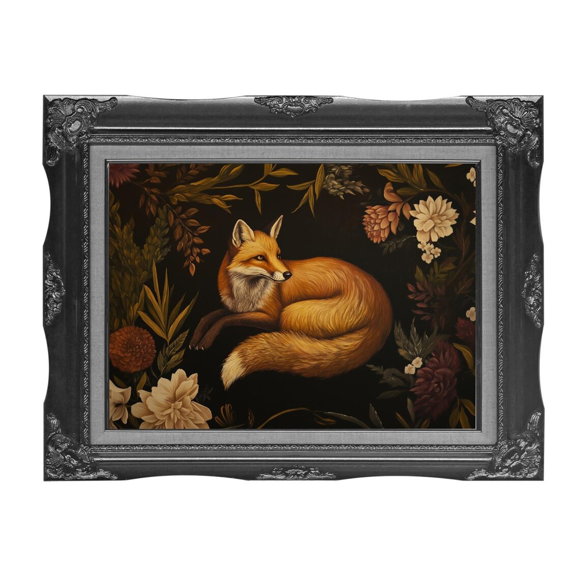 Red Fox Curled Among Dark Florals Victorian Botanical Poster - Image 2