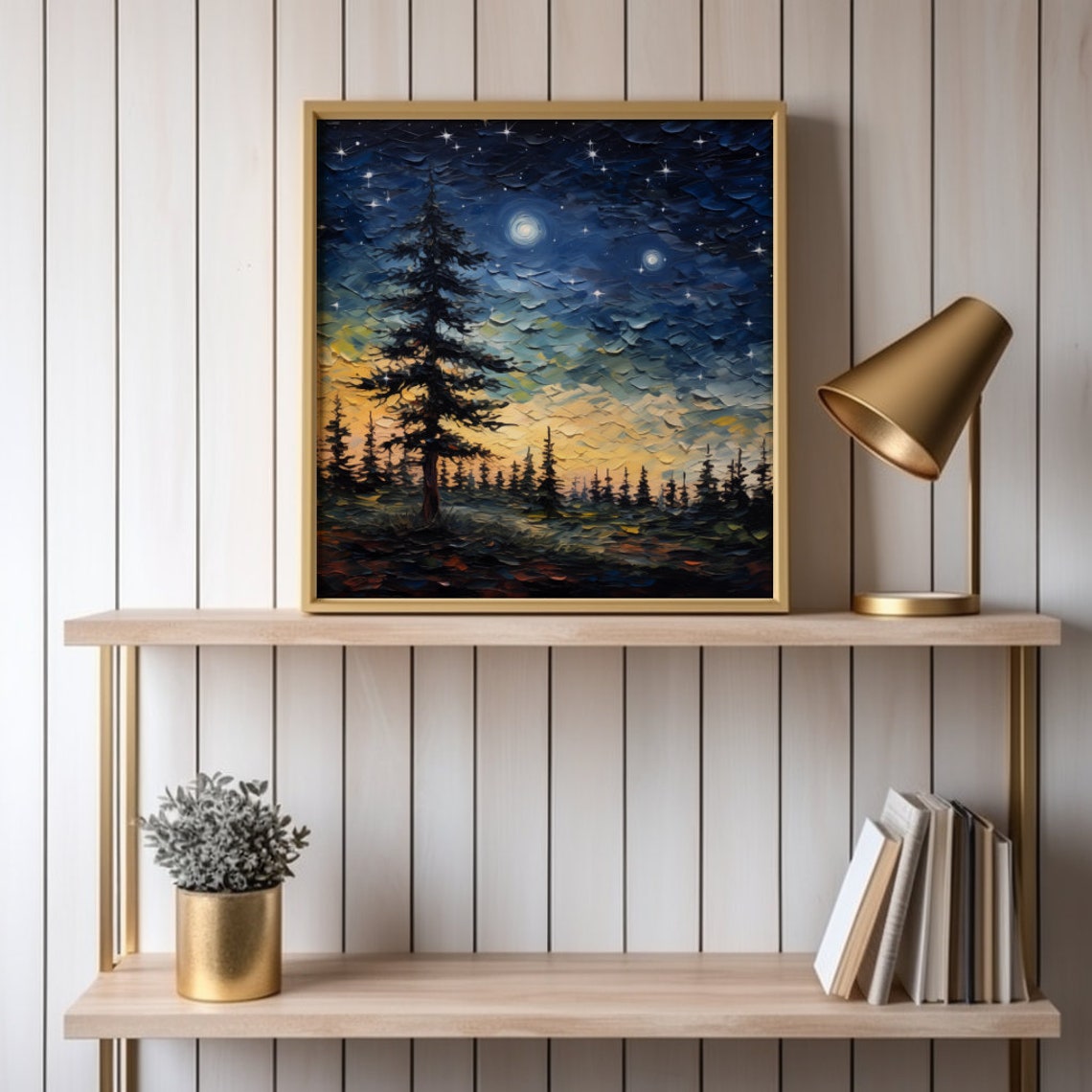 Square Night Sky Forest Print Starry Night Sky Painting Evening Pine Tree Wall Art Rustic Cabin Decor Mountain Rental Artwork - Image 3