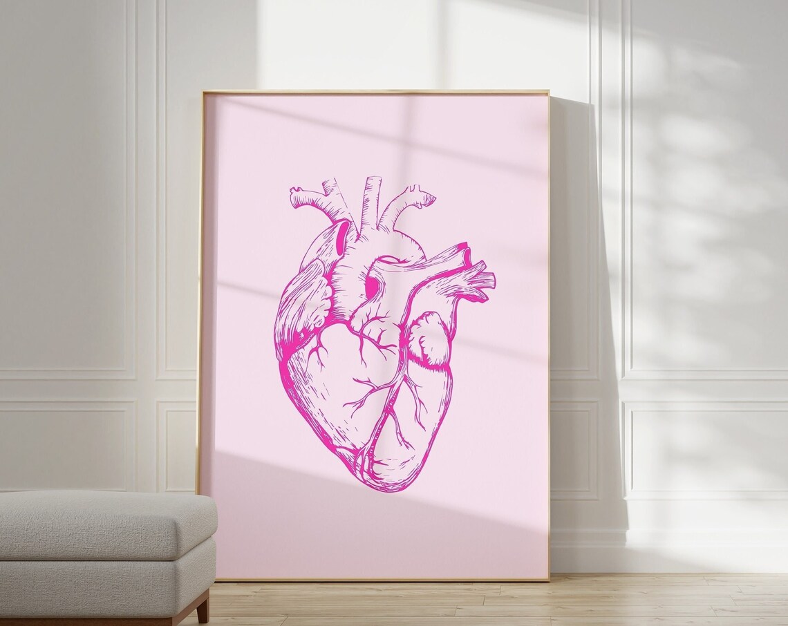 Hot Pink Anatomical Heart Sketch Preppy Minimalist Medical Art Poster