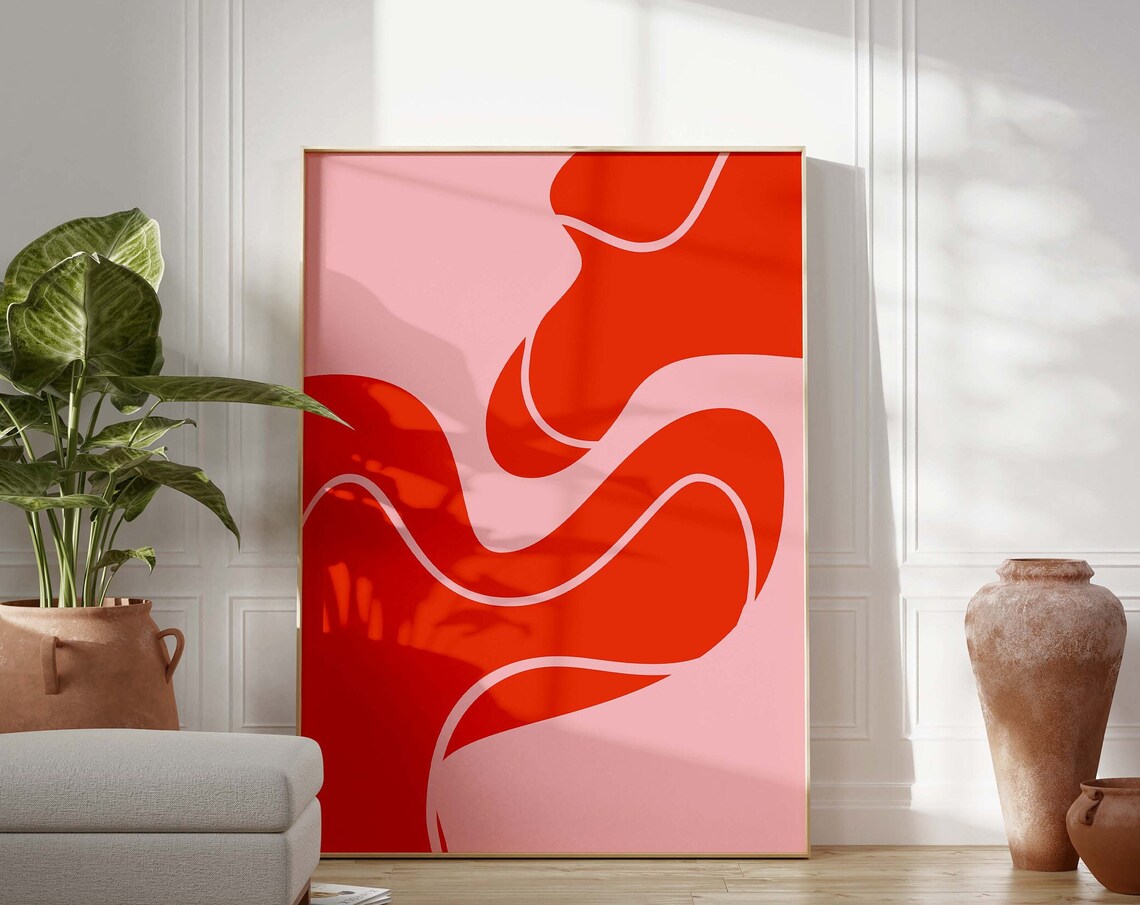 Bold Red and Pink Abstract Swirls Minimalist Modern Large Wall Art