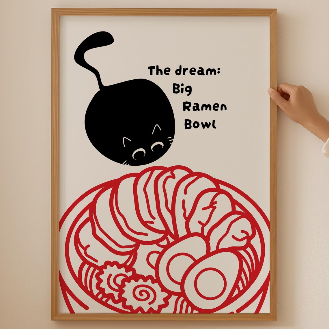The Dream Big Ramen Bowl Cute Black Cat Funny Food Art Poster