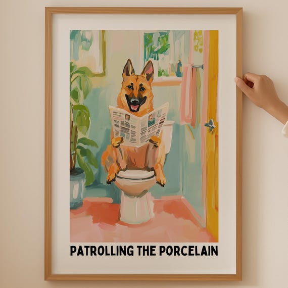 German Shepherd Lover Poster Trendy Toilet Dog Wall Art Funky Bathroom Decor Colorful Cubicle Print Funny Poop Gift