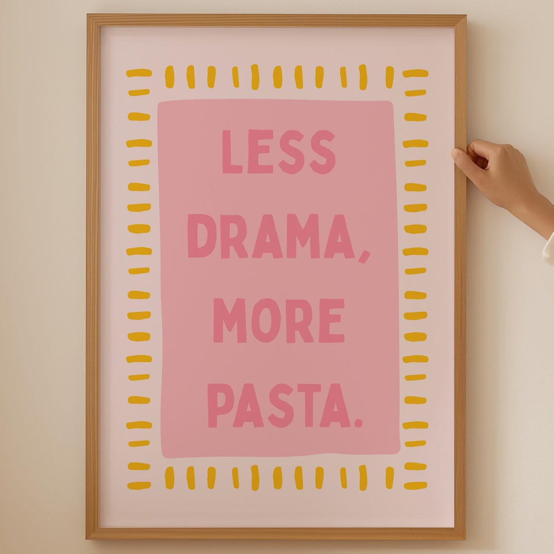 Less Drama More Pasta Pink Typography Quote Kitchen Decor Print