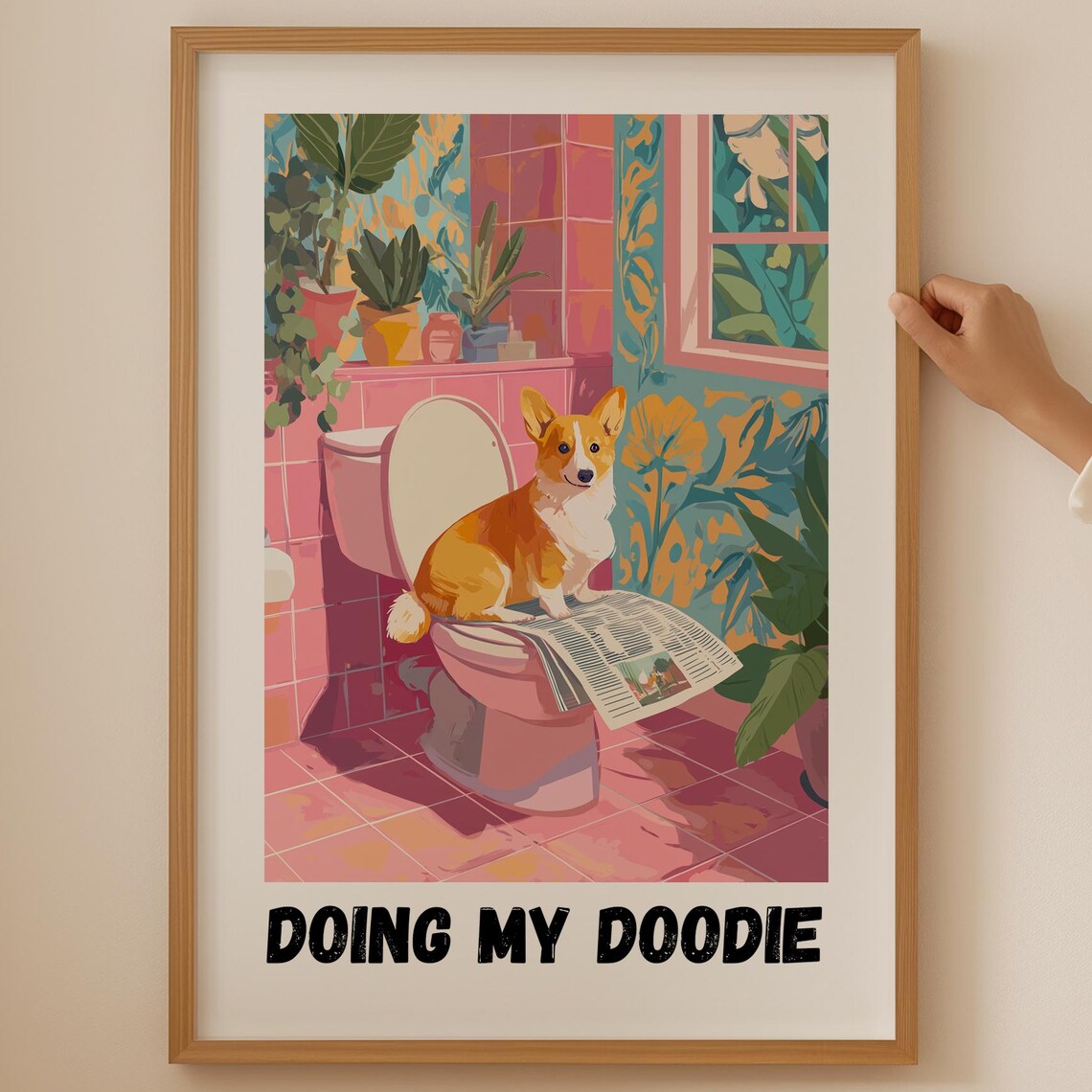 Funny Corgi Doing My Doodie Dog Toilet Bathroom Humor Wall Poster