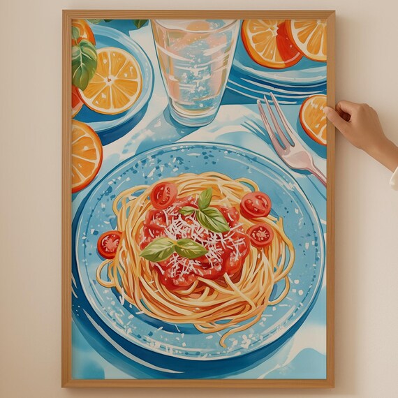 Spaghetti Pomodoro on Blue Plate with Citrus Still Life Poster