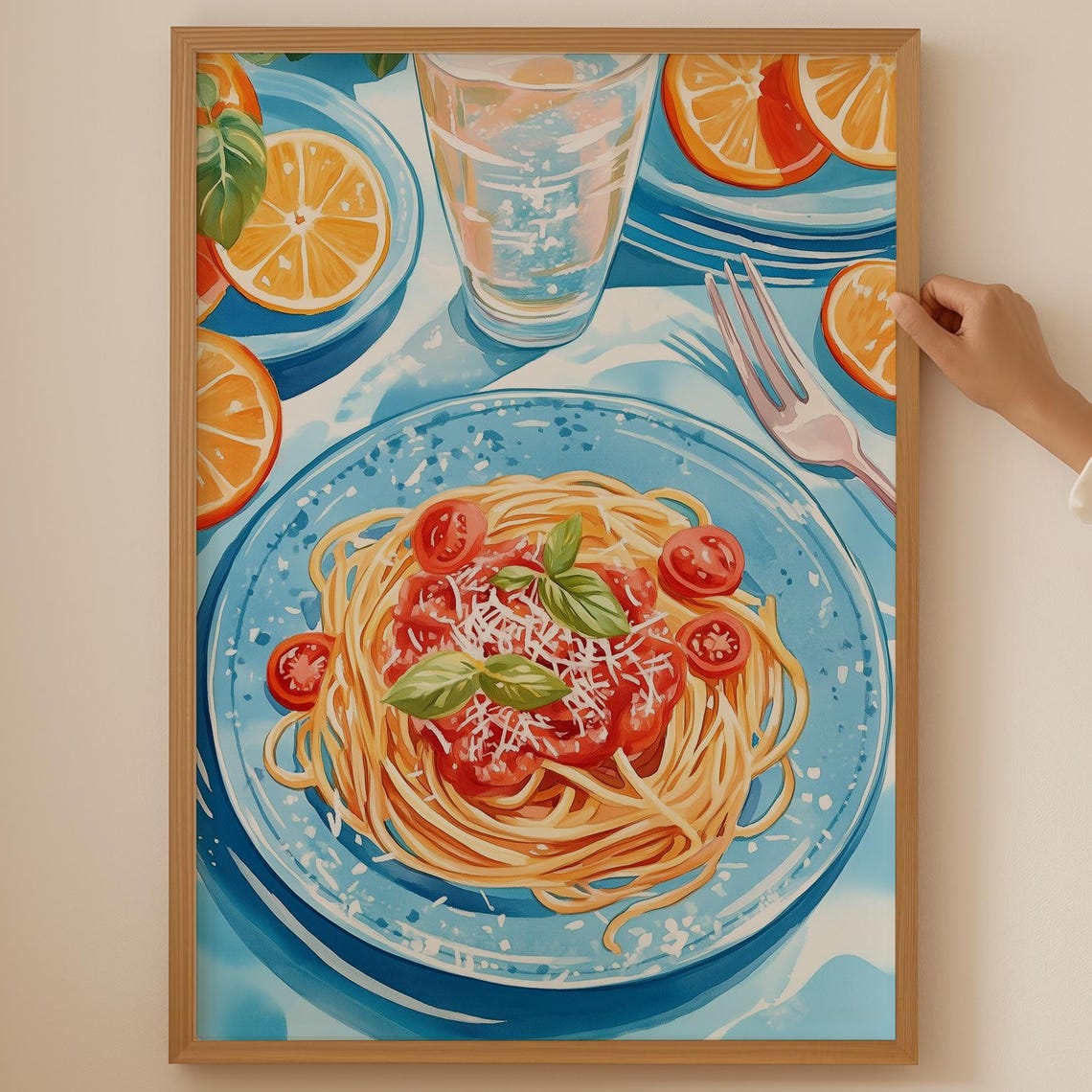 Spaghetti Pomodoro on Blue Plate with Citrus Still Life Poster