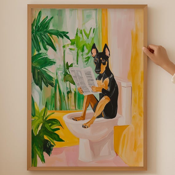 Doberman Bathroom Poster Funky Decor Colorful Dog Print Funny Lover Gift Trendy Toilet Wall Art
