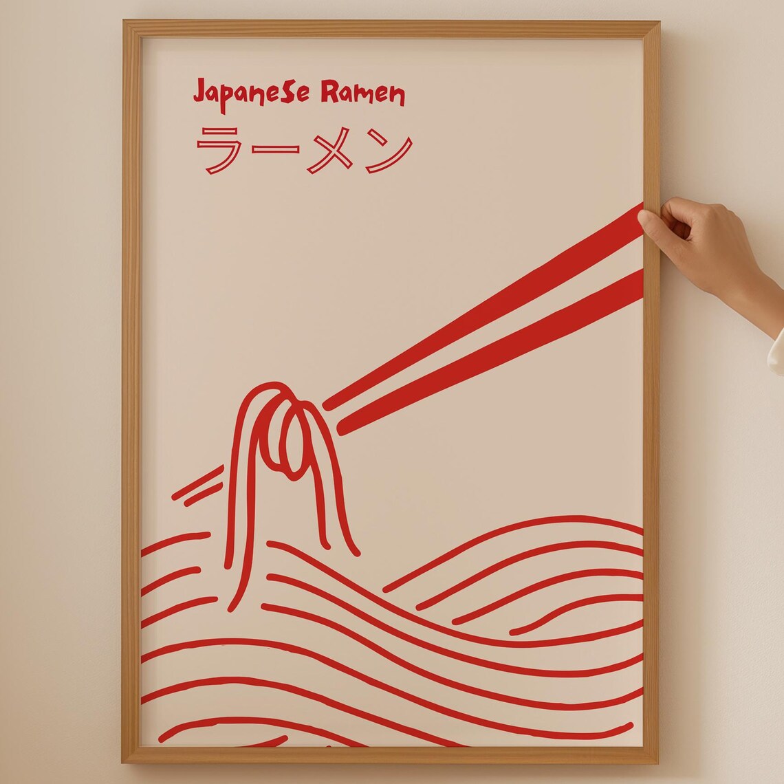 Japanese Ramen Chopsticks Noodles Red Line Art Kitchen Food Poster