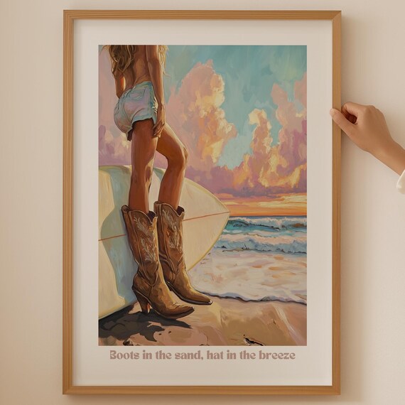Cowboy Boots Surfboard Beach Sunset Coastal Cowgirl Art Poster