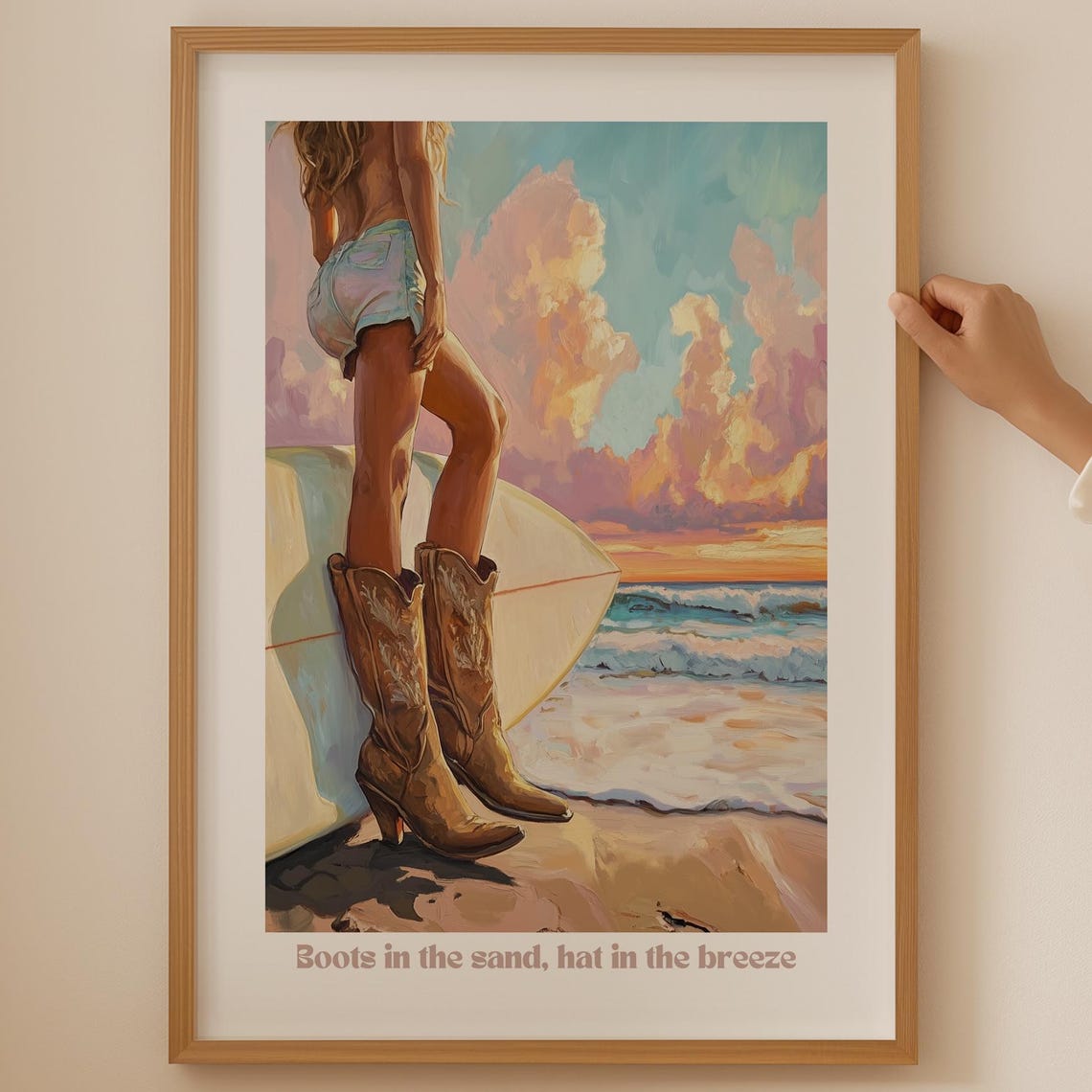 Cowboy Boots Surfboard Beach Sunset Coastal Cowgirl Art Poster