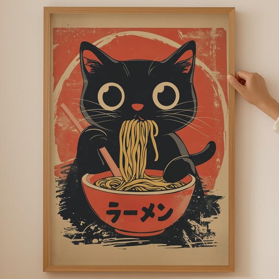 Cute Cat Japanese Ramen Poster Japandi Noodle Bowl Lover Wall Art Gift Trendy Chopstick Print For Asian Kitchen Room Decor