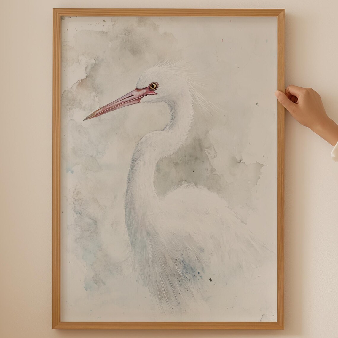 Elegant White Egret Watercolor Painting Coastal Bird Minimalist Poster