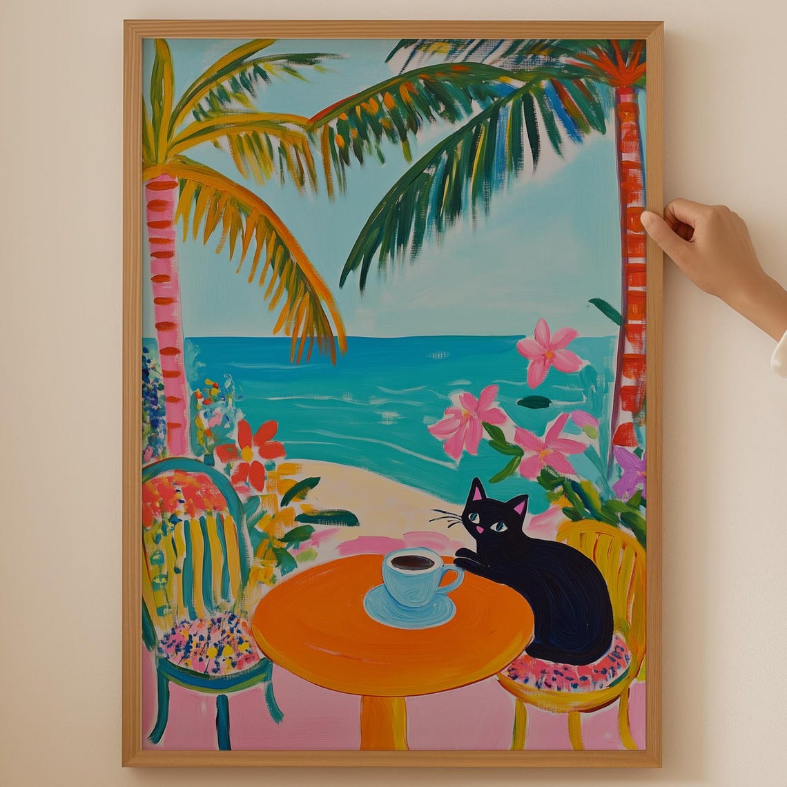 Black Cat Beach Cafe Orange Table Coffee Tropical Kitchen Poster