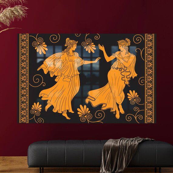 Greek Dancing Women Tunics Ancient Vase Style Orange Black Art Wall Poster