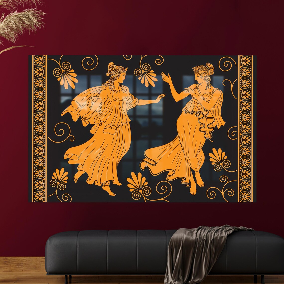 Greek Dancing Women Tunics Ancient Vase Style Orange Black Art Wall Poster