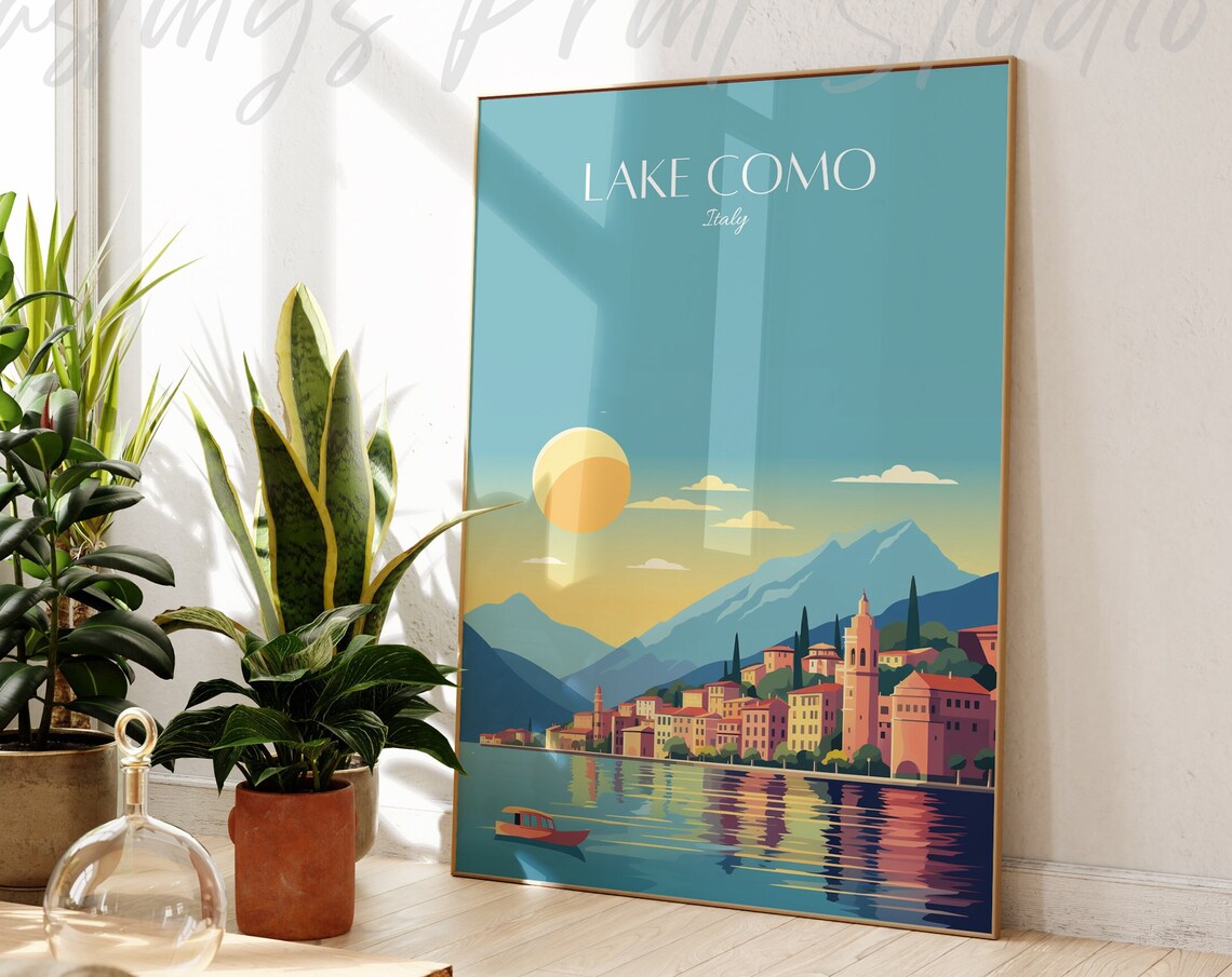 Lake Como Italy Travel Poster Mountain Lake Town Sunset View
