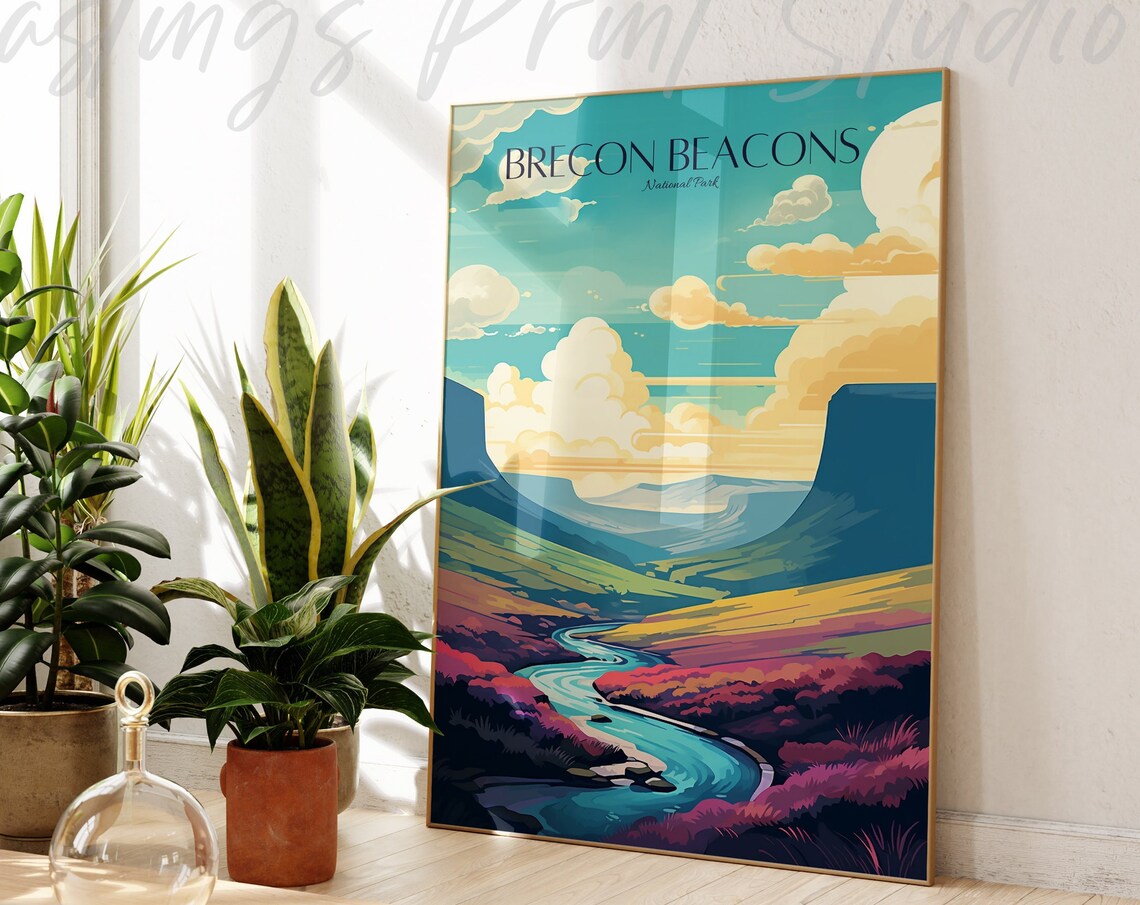 Brecon Beacons National Park Valley River Vintage Travel Poster