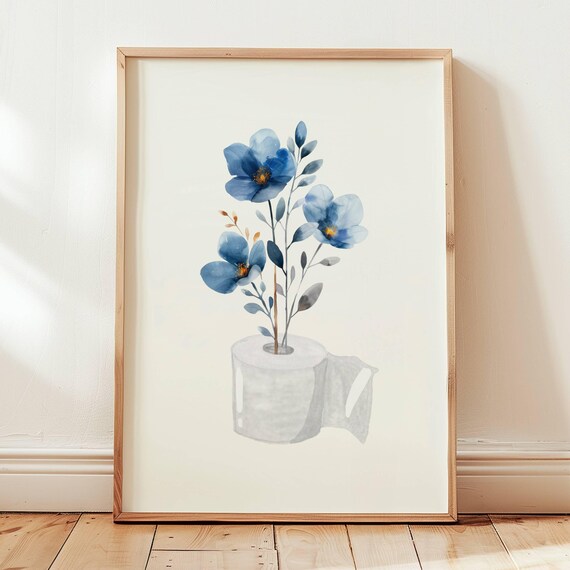 Toilet Paper Roll Plant Print Watercolor Art Funny Bathroom Wall Botanical Minimalist