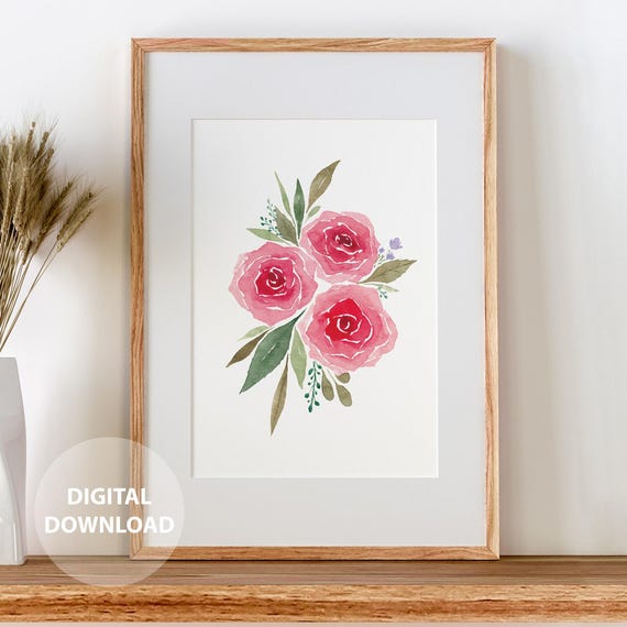 Red Roses Watercolour Floral Wall Art Botanical Decor Instant
