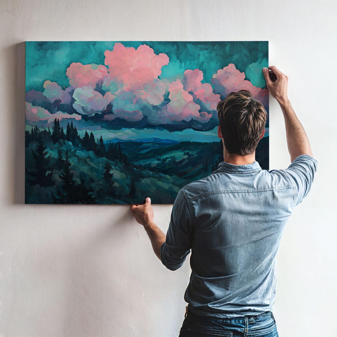 Pink Clouds Over a Teal Pine Forest Valley at Dusk Art Poster - Image 3