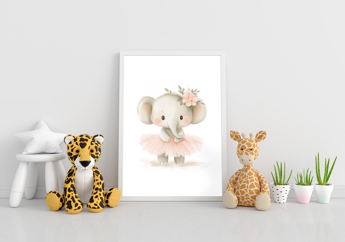 Enchanting Baby Elephant Ballerina Flower Crown Nursery Art Poster - Image 2