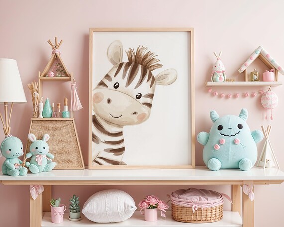 Adorable Baby Zebra Watercolor Safari Nursery Room Animal Poster