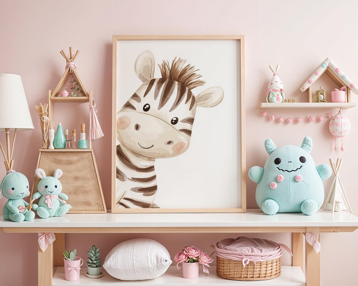 Adorable Baby Zebra Watercolor Safari Nursery Room Animal Poster