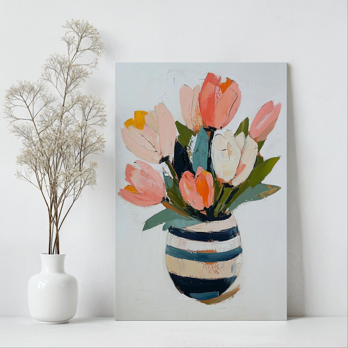 Pink and Coral Tulips in Striped Vase Modern Floral Painting Wall Art