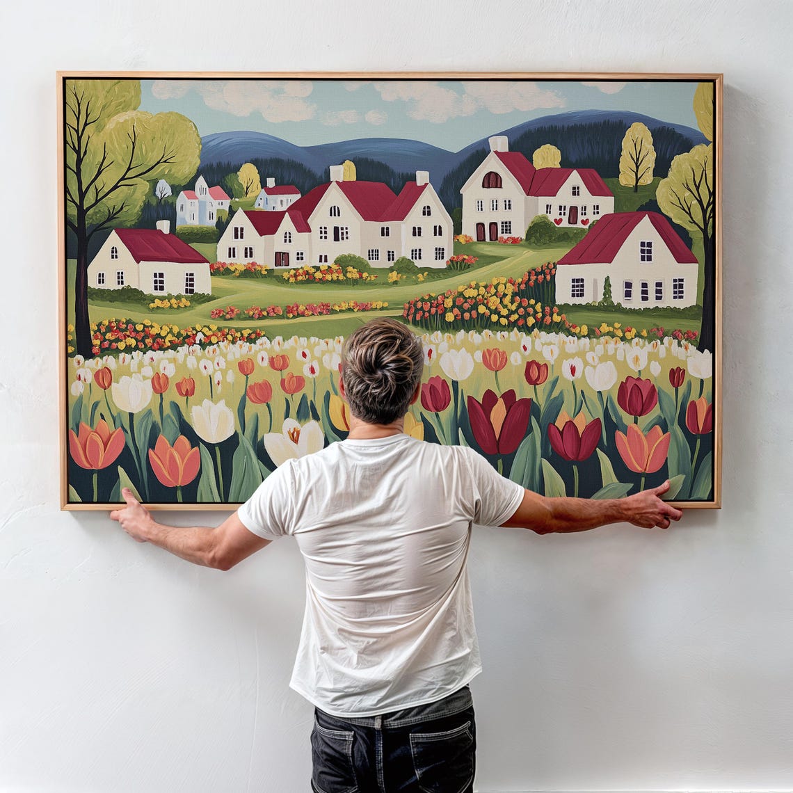 Charming Red-Roofed Village Above a Tulip Field Landscape Poster