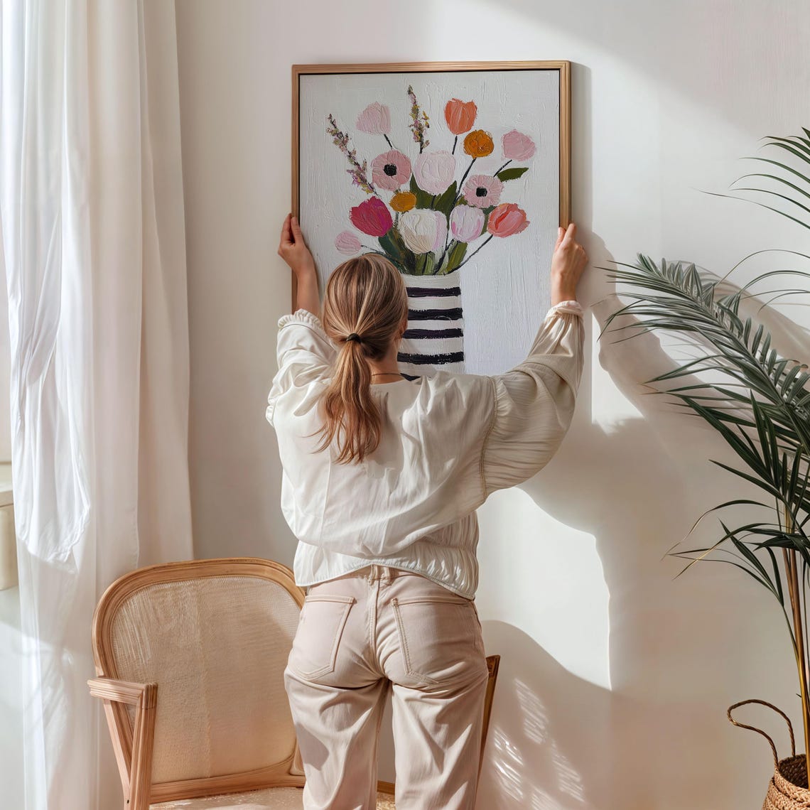 Cheerful Wildflower Bouquet Striped Vase Modern Floral Wall Art - Image 4