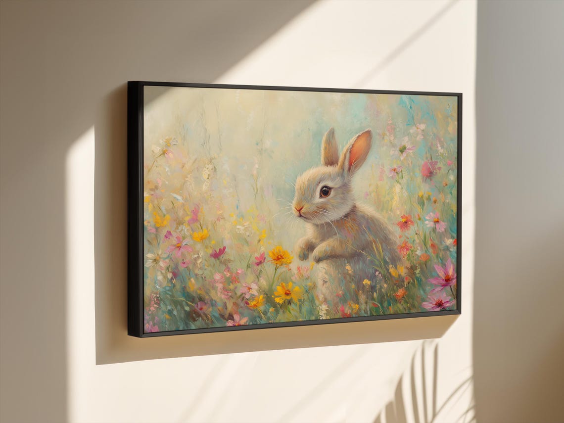 Playful Gray Bunny in a Bright Wildflower Meadow Scene Art Poster - Image 2